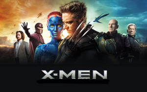 X-Men 超級英雄團隊站在戲劇性的日落場景中，有飛行的變種人。