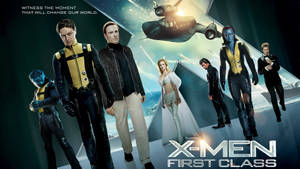 六個著住未來裝備嘅X-Men First Class角色，同飛碟一齊擺出戲劇性姿勢。