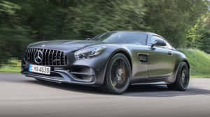 啞光灰色 Mercedes-AMG GT R 在穿過綠色森林的道路上疾馳。 — 平治 AMG 壁紙
