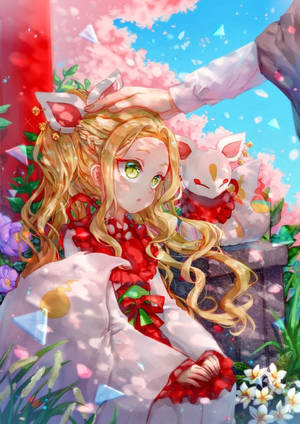 長著狐狸耳朵和綠色眼睛的動漫女孩被櫻花環繞，一隻手撫摸她的頭。