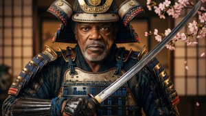 黑人男子穿著武士盔甲，在櫻花背景下手持武士刀。