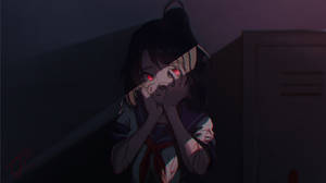 一個受驚的動漫女孩，眼睛發出紅光，在黑暗的走廊裡遮住臉。 — 裝飾藝術風格 壁紙