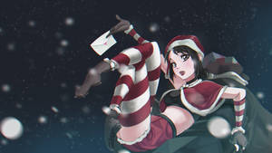 動畫女孩穿著節日服裝，在雪夜天空中漂浮，手持一封信。 — 聖誕天使 壁紙