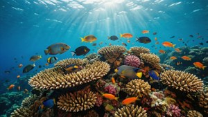 陽光透過海水照射在珊瑚礁上，色彩繽紛的魚兒在游動。