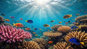 在陽光照耀的海水下，充滿色彩繽紛魚類的生機勃勃的珊瑚礁。