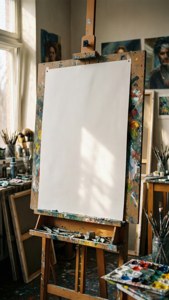 陽光藝術家工作室中畫架上的空白畫布與繪畫工具