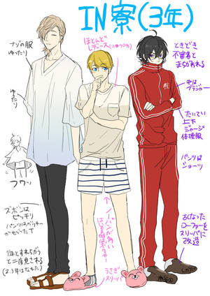 三個穿著休閒服的動漫男孩，附有關於他們服裝的日文文字備註。