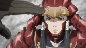 身穿紅色盔甲的動漫武士，以強烈的眼神面對劍的威脅。 — 武士Champloo 壁紙