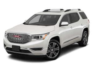 白色GMC Acadia SUV，配備黑色車頂行李架和合金輪圈，背景為白色。 — 低飽和度 壁紙