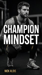 健身室入面蹲低嘅運動型男人，有 champion mindset 文字疊加。
