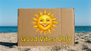 紙皮箱上有微笑太陽圖案同文字 Good Vibes Only，喺沙灘上。