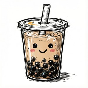 一個微笑嘅卡通泡泡茶飲品，有黑色珍珠同飲管。 — Galaxy Watch 壁紙