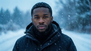 一個著住冬天外套嘅男人喺暴風雪期間企喺雪森林入面。