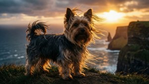 日落時懸崖上的約克夏㹴，下方有海浪