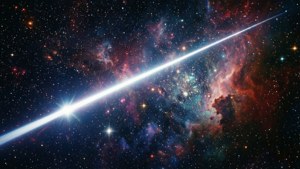 一顆明亮的彗星在深空中穿過色彩繽紛的星場和發光的星雲。