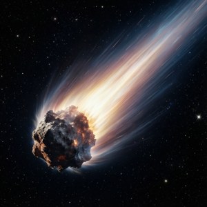 一顆岩石小行星帶著明亮的火焰尾巴在太空中燃燒。