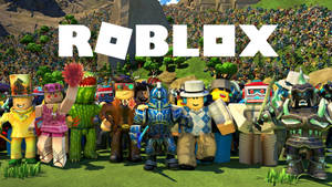 各種服裝的 Roblox 頭像在晴朗的天空下聚集在草地上。