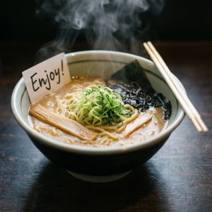冒煙嘅拉麵，配上筷子同埋手寫嘅享受便條，喺深色木上面。 — Galaxy Watch 壁紙