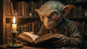 哥布林喺燭光下閱讀一本舊書，身處一個放滿書嘅房間。