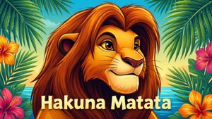 一隻卡通獅子被熱帶花卉和棕櫚葉環繞，帶有「Hakuna Matata」文字。