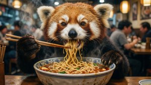 小熊貓喺餐廳用筷子食緊熱辣辣嘅拉麵。