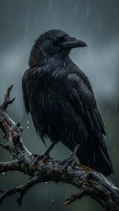 雨天中棲息在濕樹枝上的黑烏鴉