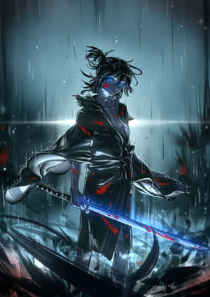動漫武士戰士手持發光劍，站在雨中與碎玻璃中。