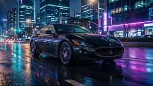 夜間霓虹燈下濕滑城市街道上的黑色跑車