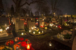 夜晚用蠟燭和紅花裝飾的墓地墳墓。 — 陣亡將士紀念日 壁紙