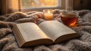 窗邊毛絨毯子上有書、蠟燭和茶的舒適閱讀角落