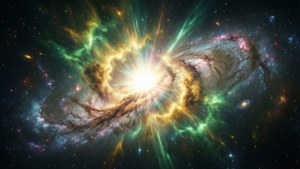 一場在深空中透過多彩星雲輻射的燦爛宇宙爆炸。