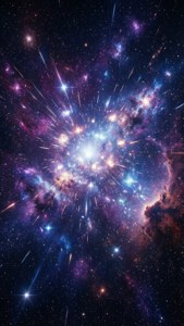 充滿活力的宇宙爆炸，帶有紫色、藍色和粉紅色的星雲以及閃爍的星星。