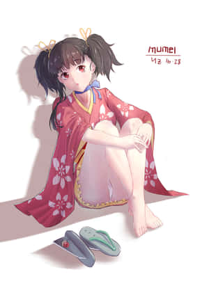 穿著紅色花卉和服的動漫女孩赤腳坐著，涼鞋在附近。 — OnePlus Pad 4 壁紙