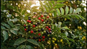 紅色、黑色和綠色的漿果在樹枝上成熟，陽光穿過樹葉照射進來。