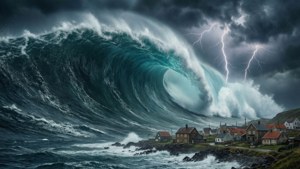 雷暴期間，巨浪威脅沿海村莊。
