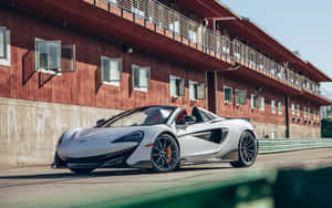 銀色McLaren 570S Spider停泊在賽道上，旁邊是紅色木製看台。 — Steam Deck 壁紙