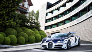 一架藍銀色Bugatti Veyron停泊在綠色樹籬和現代建築旁邊。 — 布加迪 壁紙