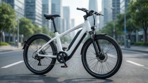 一輛白色電動單車停泊在高樓大廈和樹木林立的城市街道上。