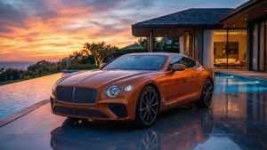 橙色 Bentley 在日落時停放在現代房屋旁的泳池邊
