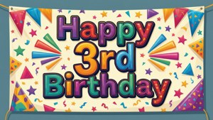 Happy 3rd Birthday 橫幅，配有紙屑和派對帽。