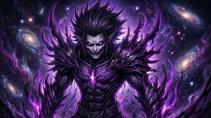 一個帶有紫色火焰和星系背景的惡魔形象