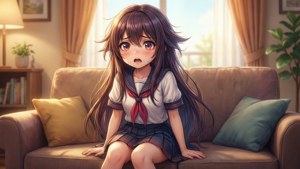動漫女孩穿校服在陽光充足的客廳沙發上驚訝