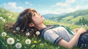 動漫女孩穿著校服在陽光明媚的日子躺在蒲公英田裡
