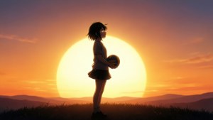 動漫女孩在日落時分在草地上抱著排球