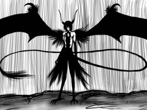 一個有翅膀、角和尾巴的黑暗動漫惡魔站在窗簾前。
