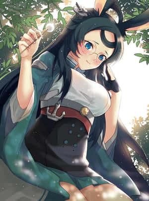 戴著兔耳和眼鏡的動畫女孩在森林中拿著發光的魔杖。 — HMD Terra M 壁紙