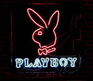 夜間在磚牆上發光的Playboy兔子霓虹燈牌。