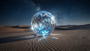 一個發光的藍色水晶球在星空沙漠景觀中。
