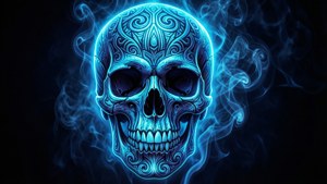 發光的藍色頭骨，帶有複雜圖案，被旋轉的煙霧包圍。