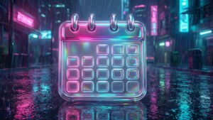 夜間潮濕的城市街道上帶有雨水和發光倒影的霓虹日曆圖標。